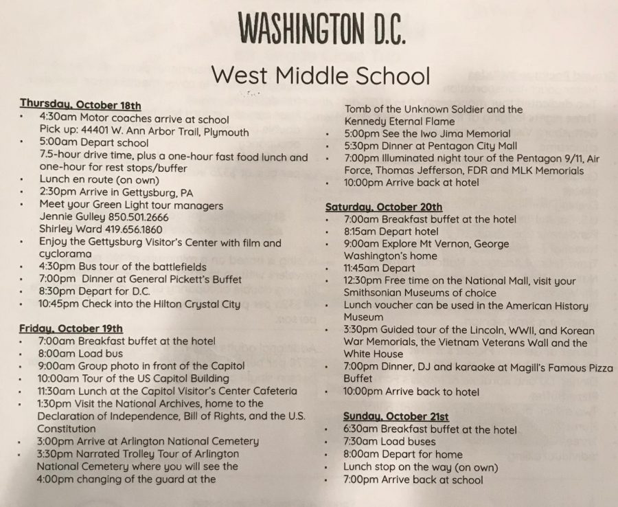 Itinerary for the Washing D.C. trip. 