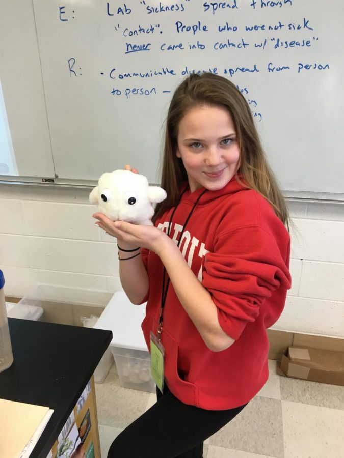 White blood cell stuffed animal being loved by 7th grader Chloe Pangborn