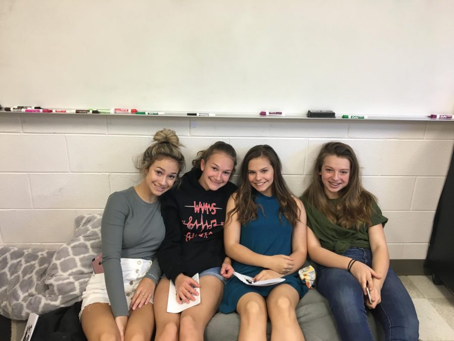 8th grade girls in Mrs. Palmers 3rd hour ELA class. From left to right: Madison Grant, Lauren Hendricks,  Avery Zale,  and Morgan Uller.