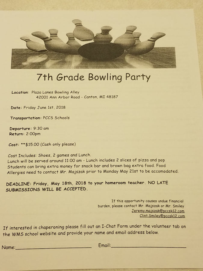 The 2018 7th grade bowling permission form