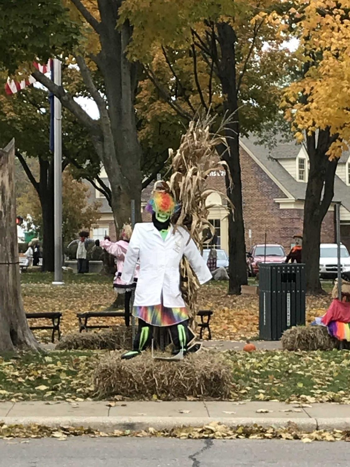 Many people will travel to Downtown Plymouth to trick-or-treat. This is a picture of the scarecrows they will see.