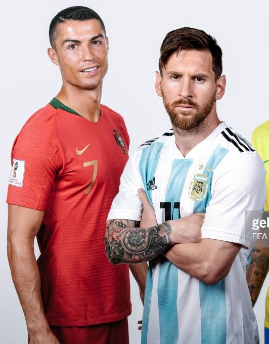 RUSSIA - JUNE: (Images used in this composite 971463032,972635442,973385414) In this composite image,Lionel Messi of Argentina,Cristiano Ronaldo of Portugal,Neymar of Brazil pose for a portrait during the official FIFA World Cup 2018 portrait session during June 2018 in Russia. (Photo by Lars Baron - FIFA/FIFA via Getty Images)