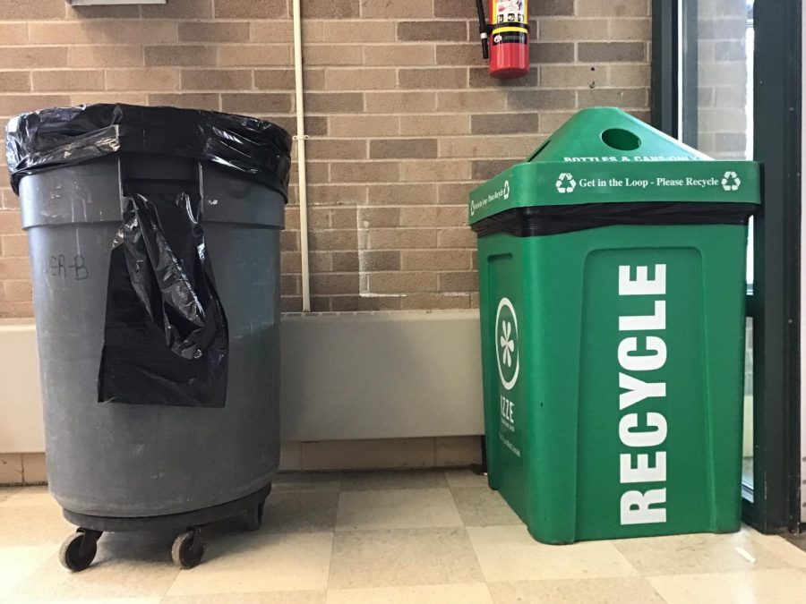 Trash can and recycling bin at West Middle School. 