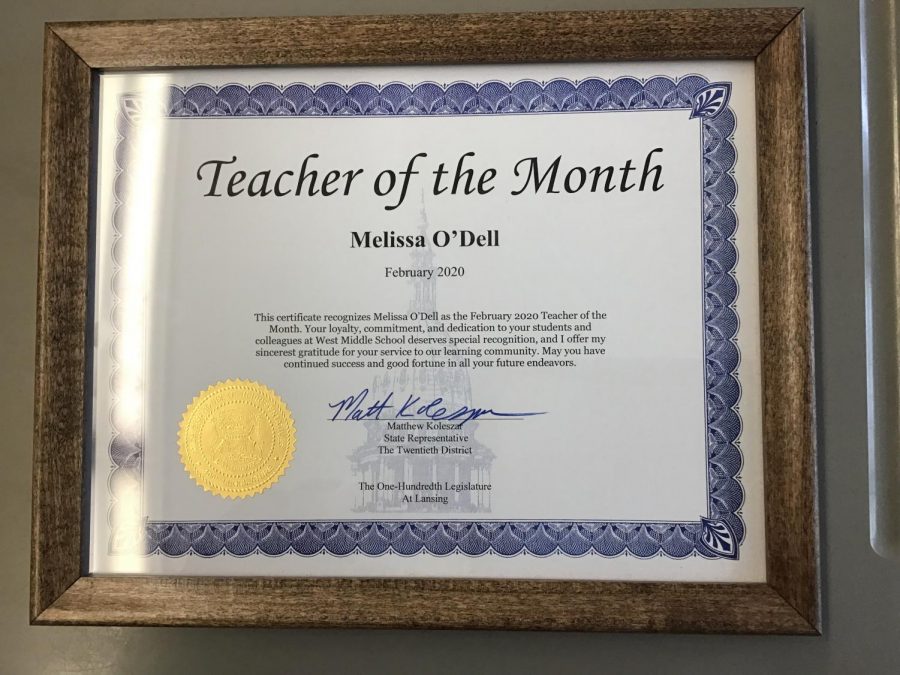 Mrs. ODell was awarded Michigans Teacher of the Month!