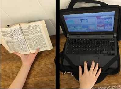 Old school book vs. Chromebook. 