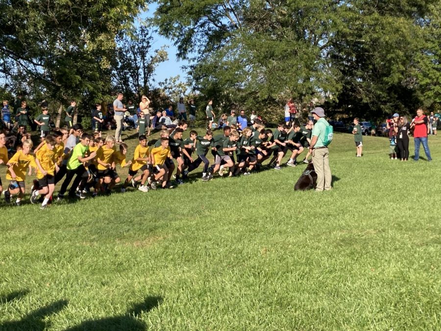 Mr. Wooster ready to start the 7th/8th boys cross country race against Pioneer Middle School last week. 