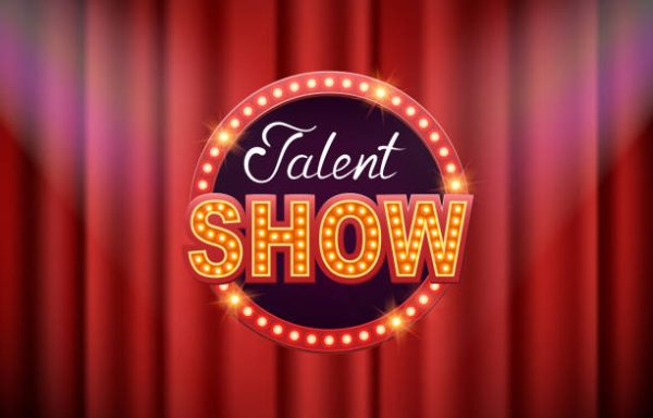 Talent show vector background, poster, template. Inscription bright on red curtain.